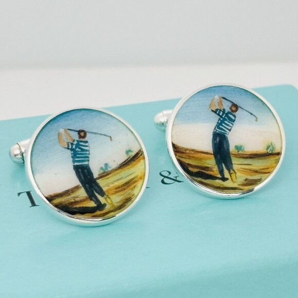 Tiffany Golf Hand Painted Enamel Cufflinks Vintage in Sterling Silver - Picture 2 of 7